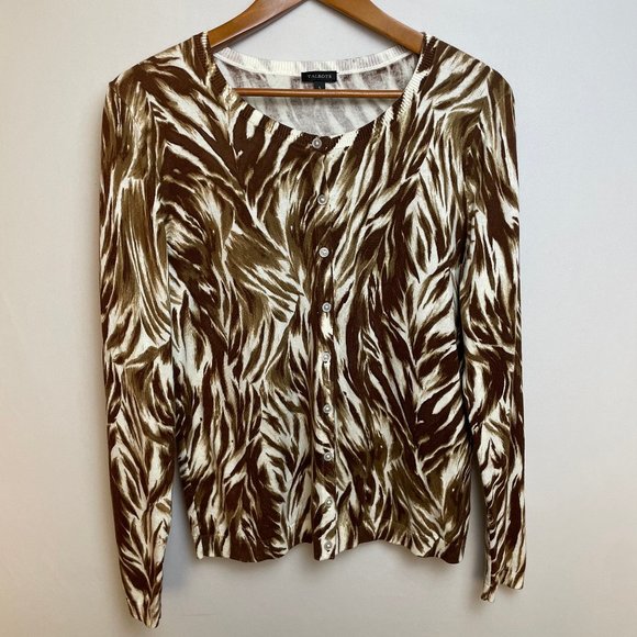 Talbots Womens Cardigan Sweater Size L Brown Print Button Up Casual Comfort - Picture 1 of 6